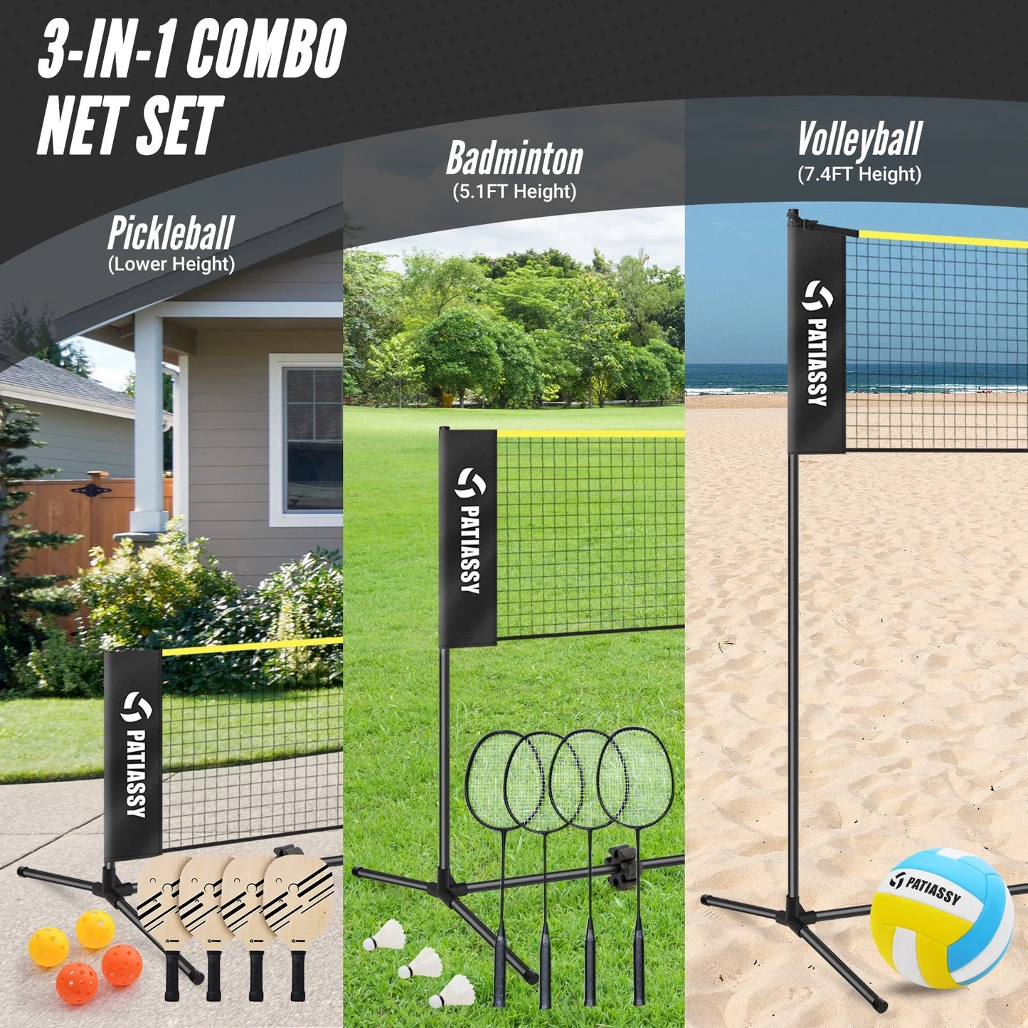 5.1Ft-7.4Ft Adjustable Height Volleyball Badminton Pickleball Net Set with Poles, 4 Rackets, 3 Shuttlecocks, 4 Pickleball Paddles , and Volleyball