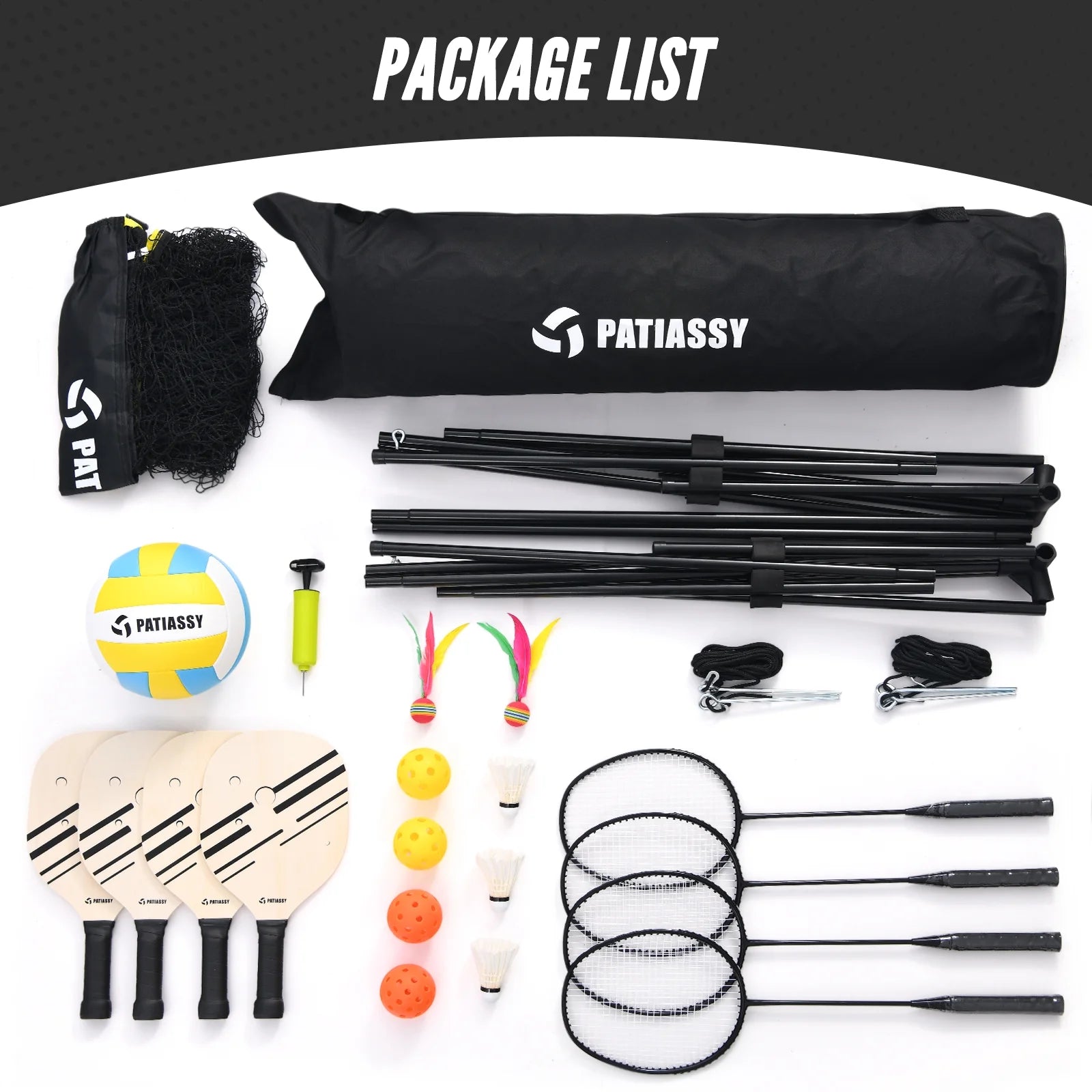 5.1Ft-7.4Ft Adjustable Height Volleyball Badminton Pickleball Net Set with Poles, 4 Rackets, 3 Shuttlecocks, 4 Pickleball Paddles , and Volleyball