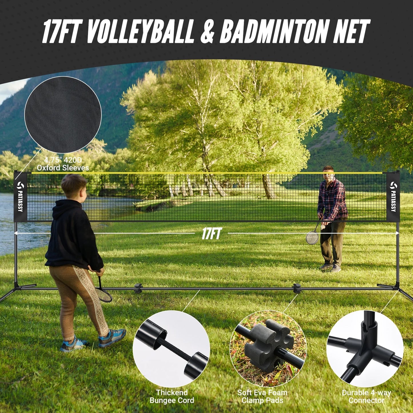 5.1Ft-7.4Ft Adjustable Height Volleyball Badminton Pickleball Net Set with Poles, 4 Rackets, 3 Shuttlecocks, 4 Pickleball Paddles , and Volleyball
