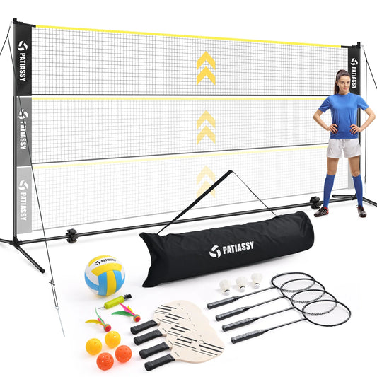 5.1Ft-7.4Ft Adjustable Height Volleyball Badminton Pickleball Net Set with Poles, 4 Rackets, 3 Shuttlecocks, 4 Pickleball Paddles , and Volleyball