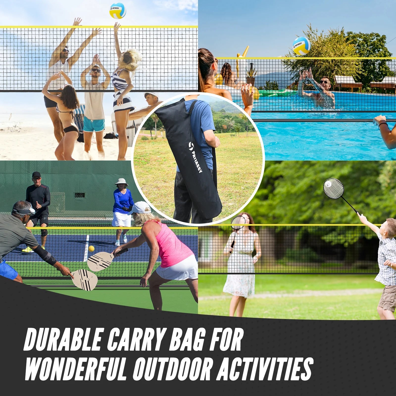 5.1Ft-7.4Ft Adjustable Height Volleyball Badminton Pickleball Net Set with Poles, 4 Rackets, 3 Shuttlecocks, 4 Pickleball Paddles , and Volleyball