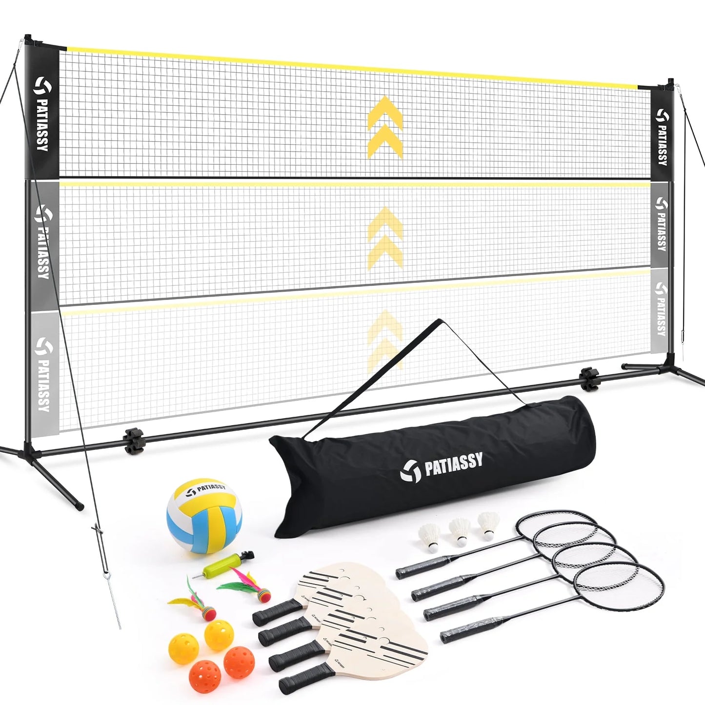 5.1Ft-7.4Ft Adjustable Height Volleyball Badminton Pickleball Net Set with Poles, 4 Rackets, 3 Shuttlecocks, 4 Pickleball Paddles , and Volleyball