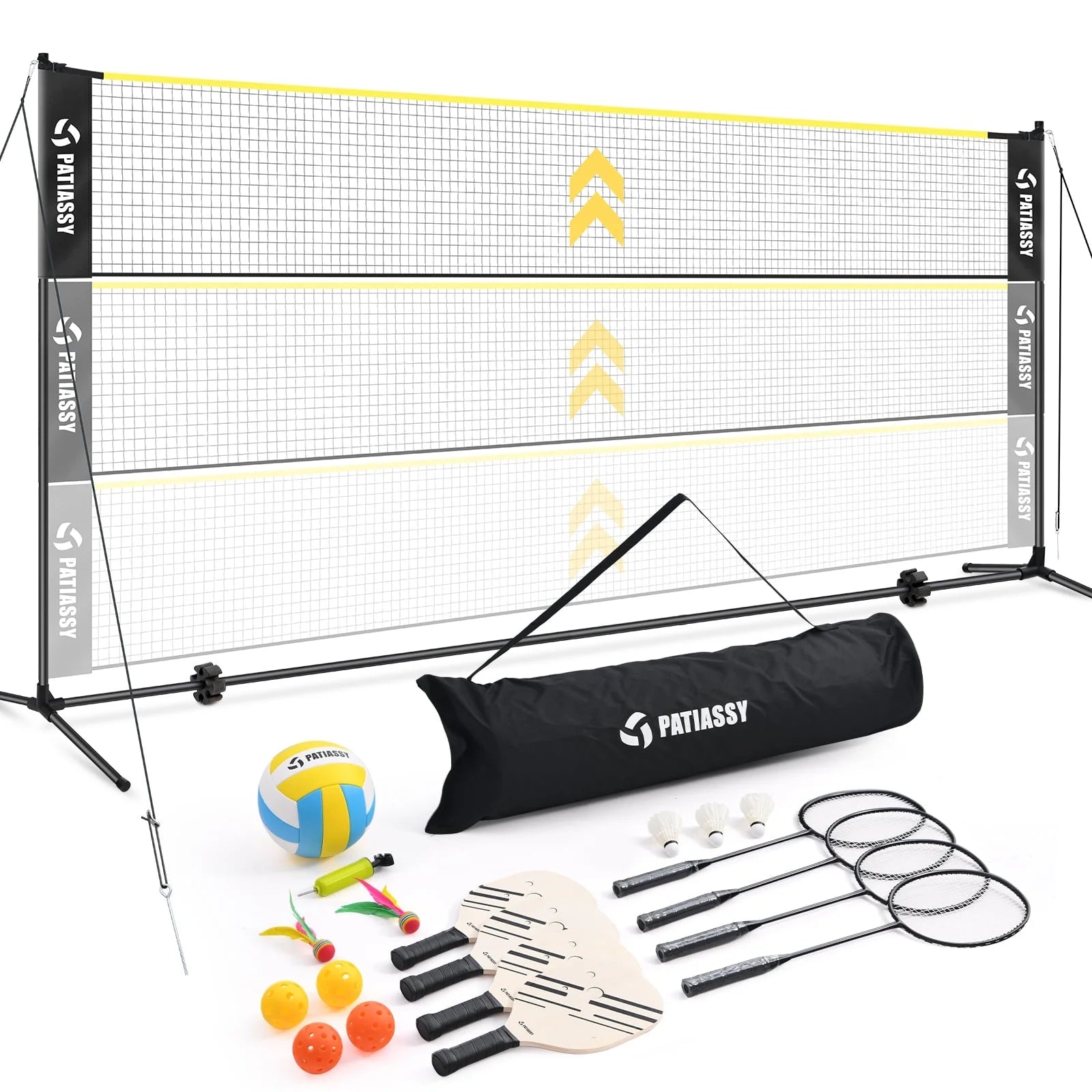 5.1Ft-7.4Ft Adjustable Height Volleyball Badminton Pickleball Net Set with Poles, 4 Rackets, 3 Shuttlecocks, 4 Pickleball Paddles , and Volleyball